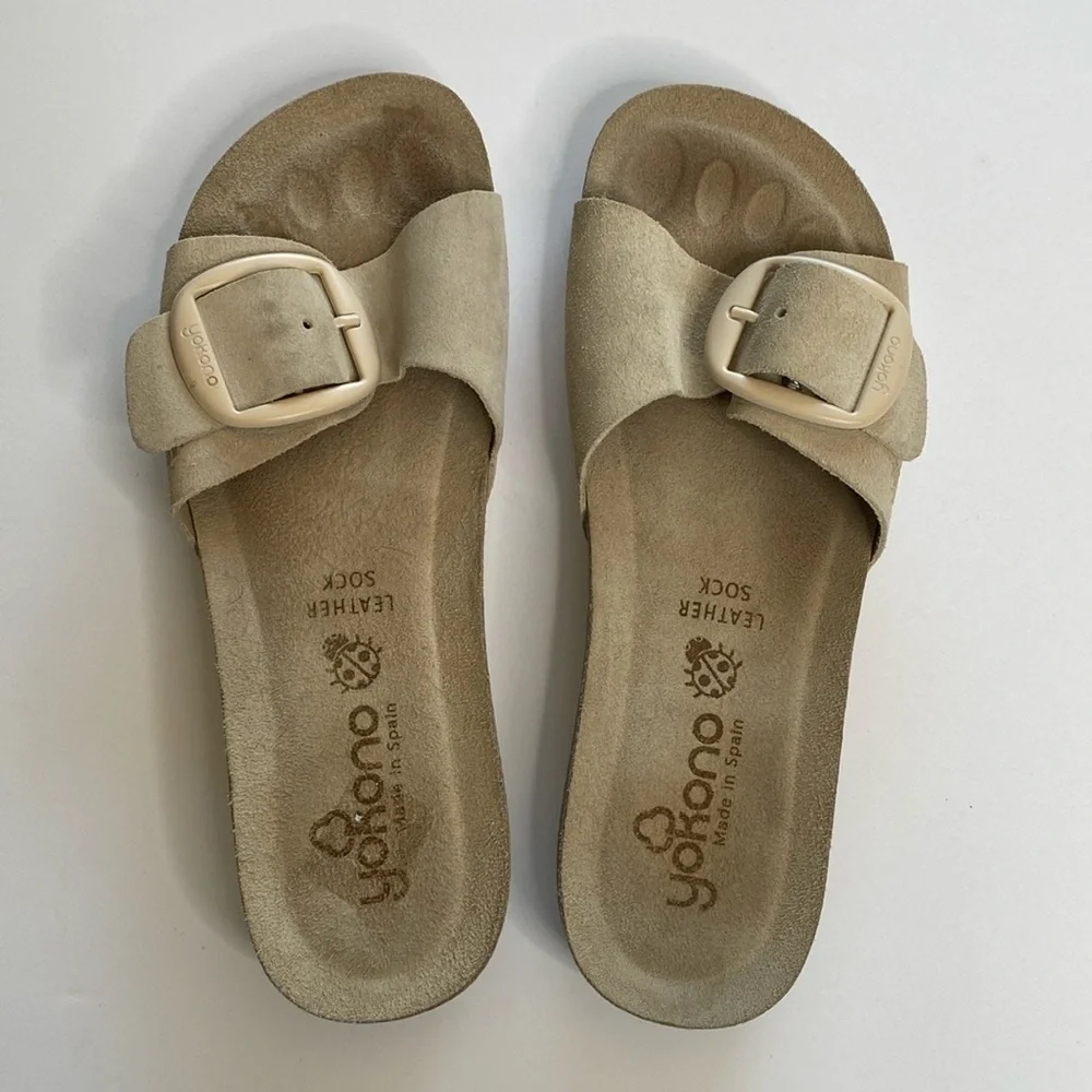 Yokono leather sock slides tan suede women’s 9 VGUC